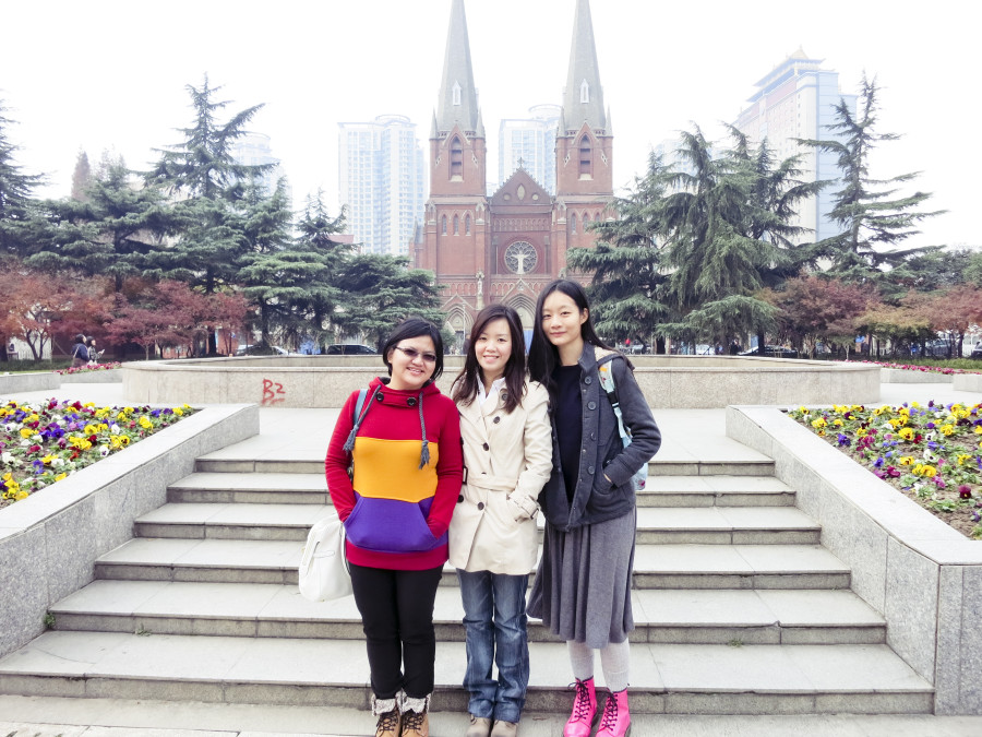 Puey, Ade, and Ren standing in front of St. Ignatius Cathedral, Shanghai. Photo from Ade.