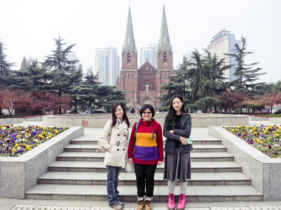 Ade, Puey, and Ren standing in front of St. Ignatius Cathedral, Shanghai. Photo from Ade.