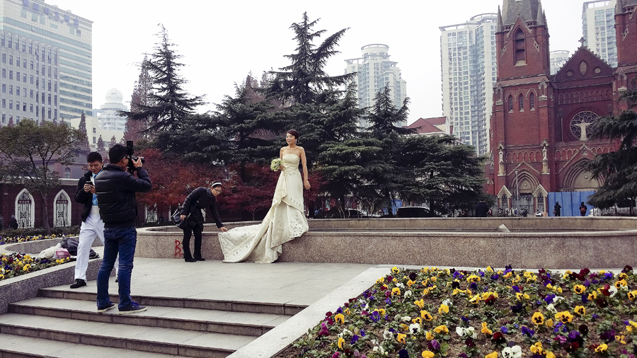 Wedding photoshoot in front of St. Ignatius Cathedral, Shanghai.