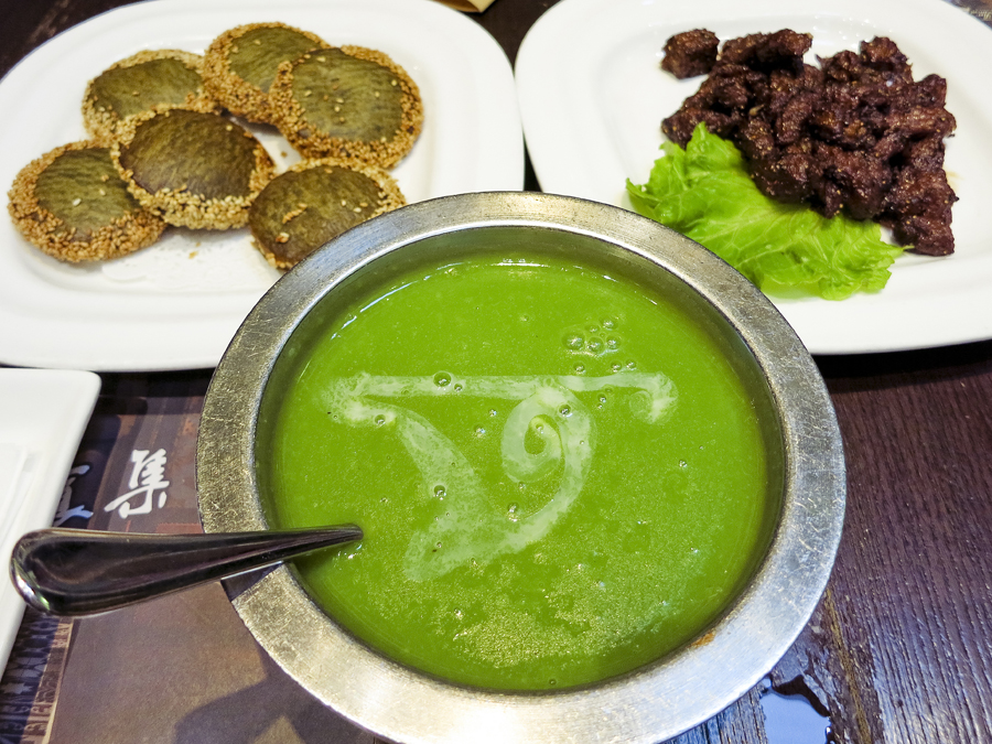 Green Tea Cake (绿茶饼), Mutton Ribs (想吃羊排), and Pea Paste Soup (青豆泥) at The Grandma's (外婆家), Hangzhou. Photo by Ade.
