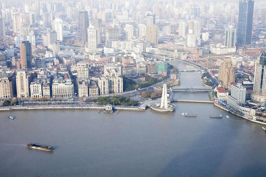 View of the skyline at the Bund from the Oriental Pearl Tower, Shanghai.