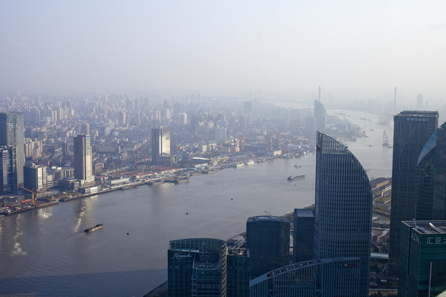View of the skyline at the Bund from the Oriental Pearl Tower, Shanghai.