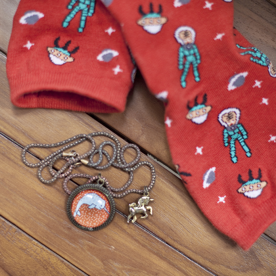 Outfit of the day (#ootd): Paper Sparrow orange narwhal necklace, Taobao red quirky alien socks.