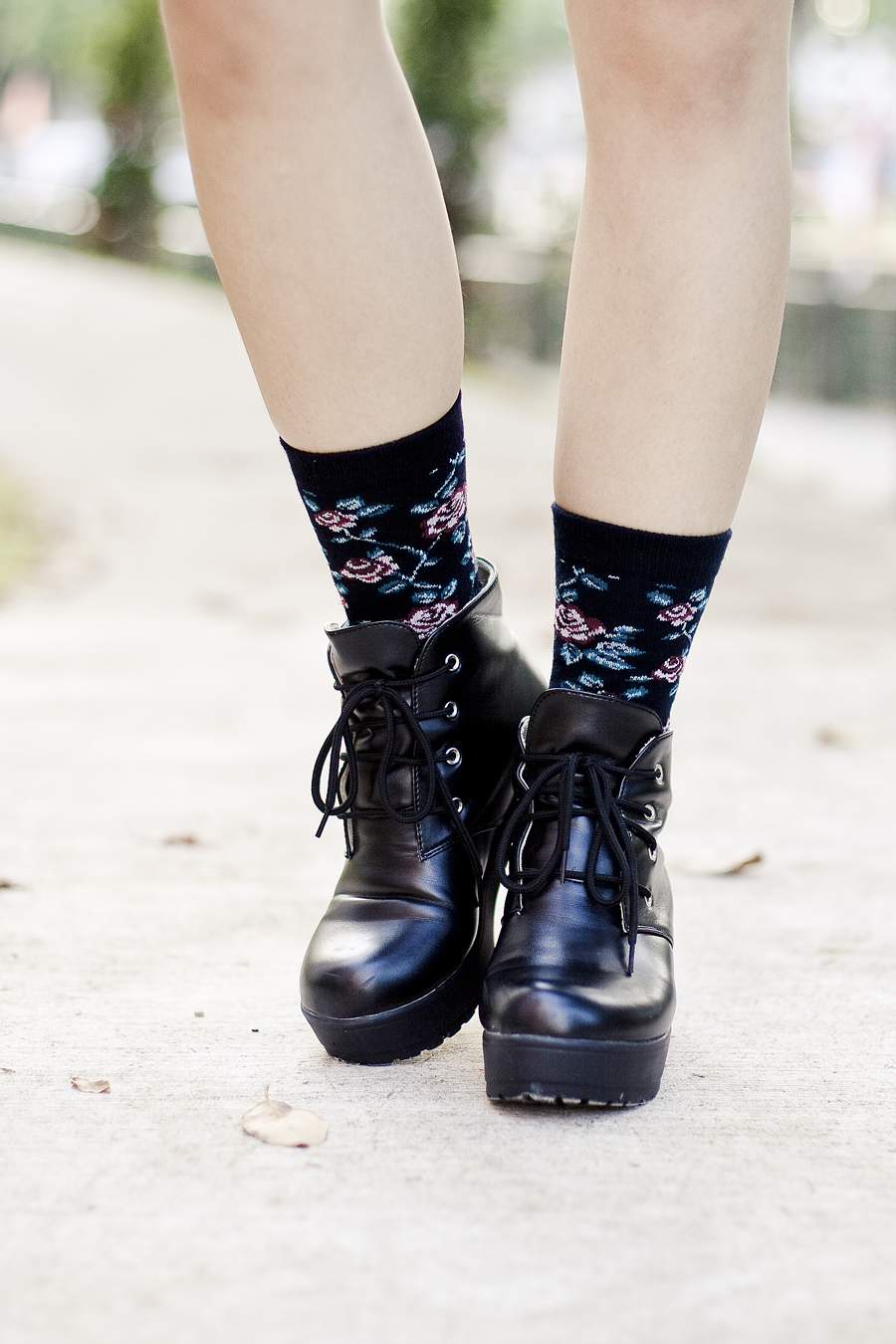 Black floral socks from Taobao, black platform shoes from Taobao.