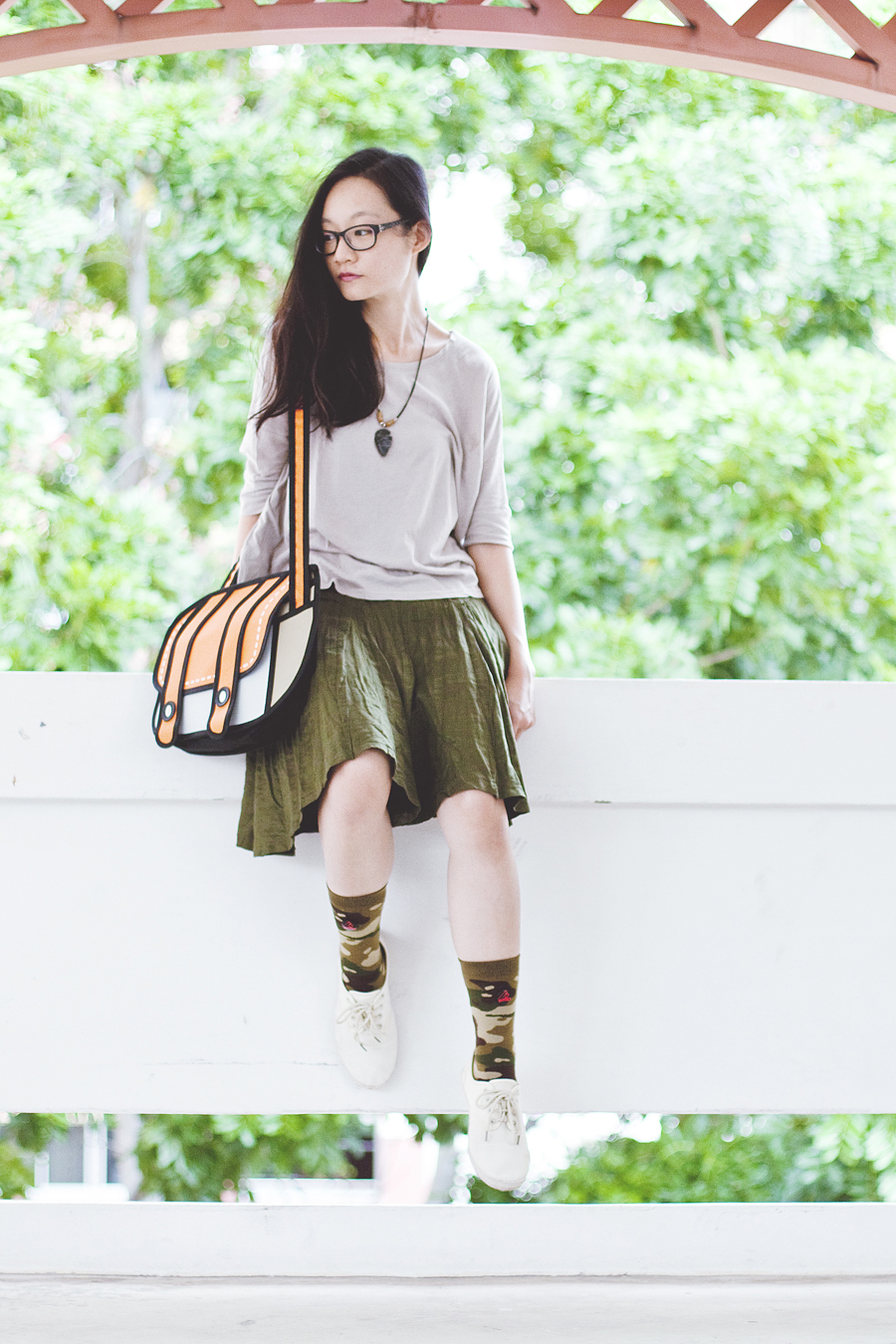 Forever 21 dolman sleeve top, agate necklace from Natural History Museum in Washington, Gap black rim glasses, Stance camo socks, Cotton On lace-ups, green flare skirt, orange 2D sling bag.