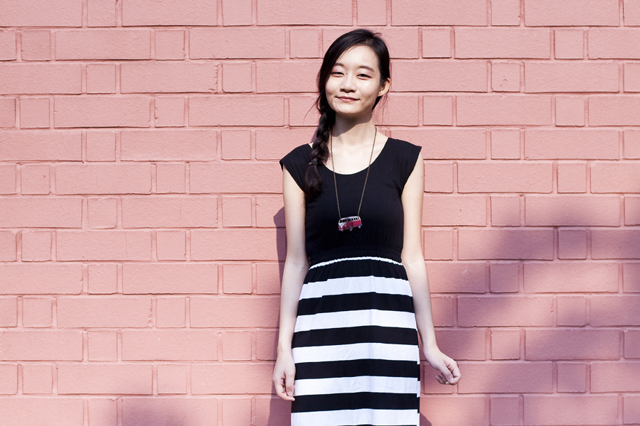 Flesh Imp striped dress, Taobao black socks, red bus bronze necklace from Bugis Village.