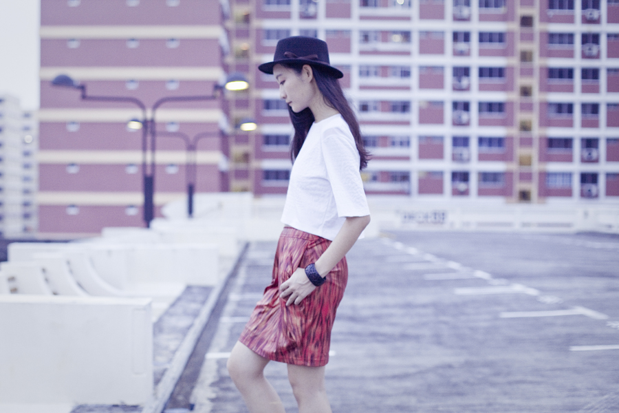 Outfit wearing white textured crop top from Bec & Bridge via Shopbop, Club Marc snakeskin print skirt, black felt hat from Taobao.