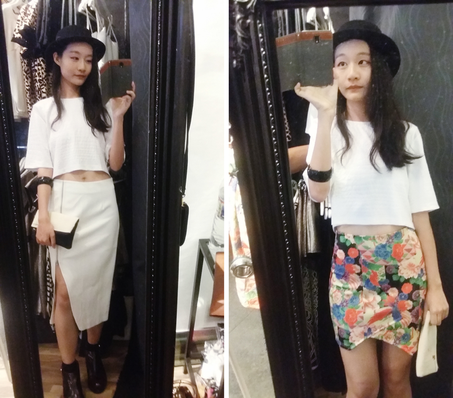 Fitting Room photos trying out skirts at the WYLD shop. Wearing white textured crop top from Bec & Bridge c/o Shopbop.