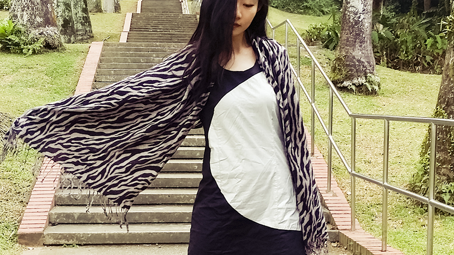 Zebra shawl and black and silver cutout dress from Hypnosis.