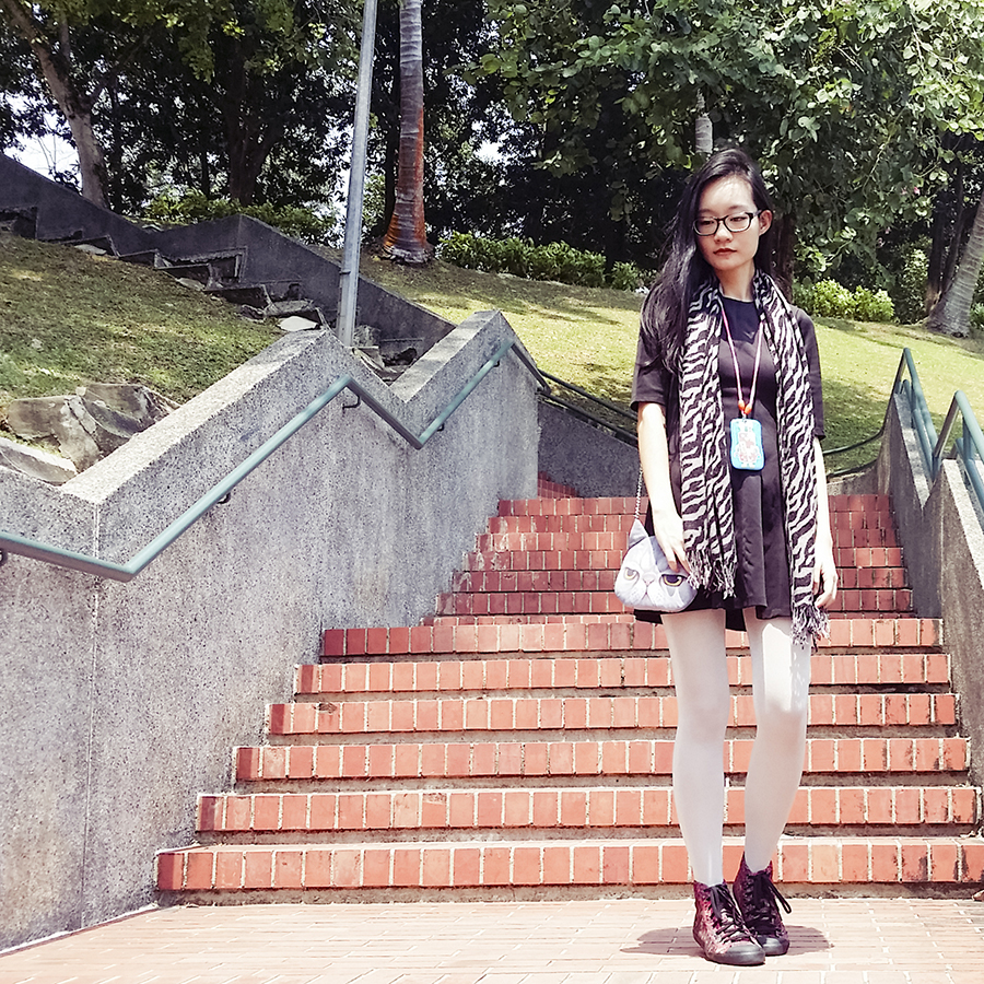 Outfit details: Forever21 black flare dress, Uniqlo white shimmer tights, Gap black rimmed glasses, McQ x Puma Rush high top sneakers c/o Shopbop, Cat face bag from Taobao, zebra shawl.
