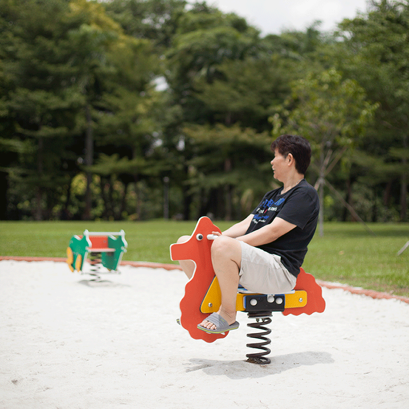 Animated gif of Mum on a rocking seahorse at a playground.