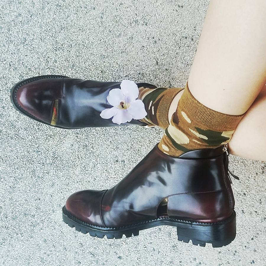 Stance green camouflage socks, Jeffrey Campbell Flamel cutout booties in wine.