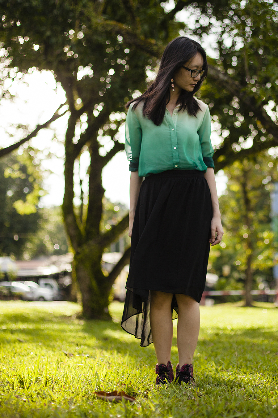 Gradient green chiffon shirt from Romwe, black chiffon skirt from Forever 21, black frame glasses from Gap, red high top sneakers from Puma x McQ via Shopbop, red matryoshka earrings.