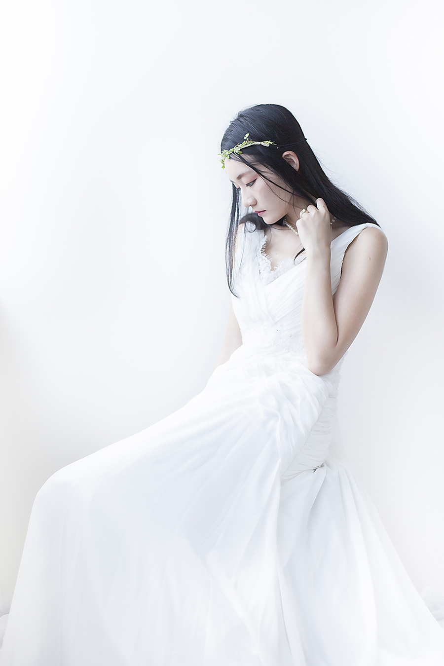 Rosa Novias white wedding gown, Paris Kids floral headband, handed down pearl necklace and pearl ring.