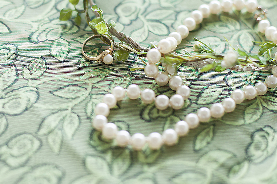 Paris Kids floral headband, handed down pearl necklace and pearl ring.
