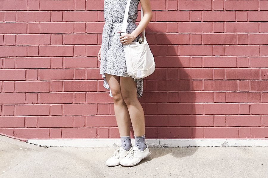Modcloth bicycle print high low dress, canvas sling bag, Taobao grey spacemen in space socks, Cotton On tan lace-ups.