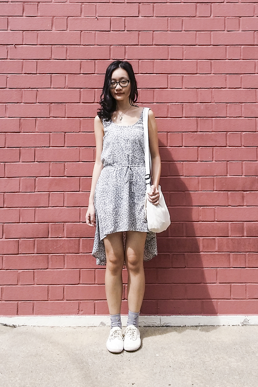 Gap black frame glasses, Modcloth bicycle print high low dress, canvas sling bag, Taobao grey spacemen in space socks, Cotton On tan lace-ups.