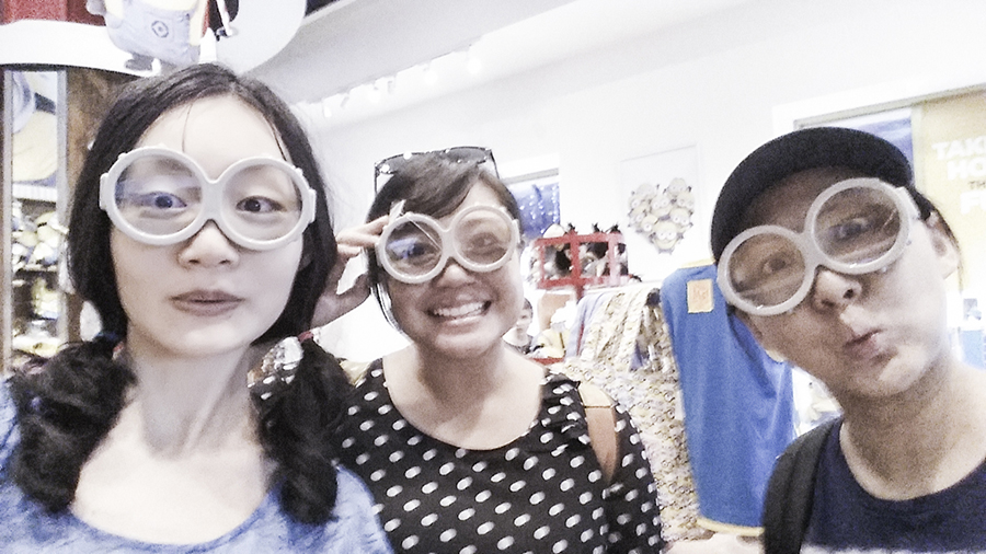 Wearing minion goggles merchandise from Universal Studios Singapore.