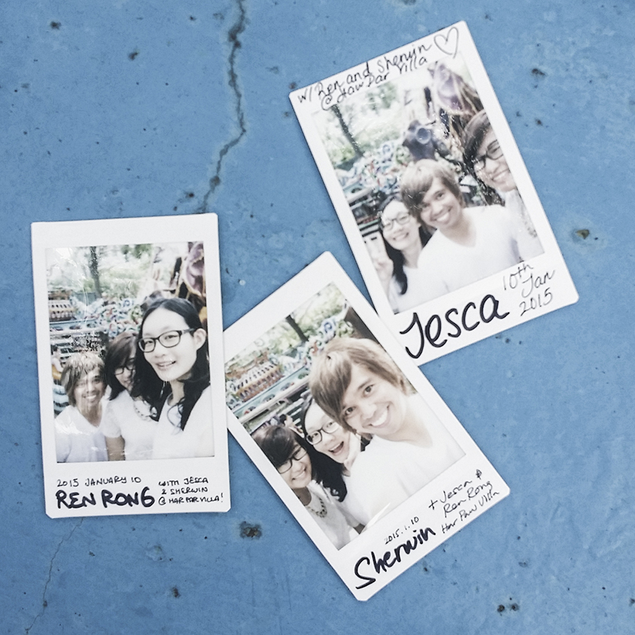 Instax polaroid photos of Shamis, Jesca, and Ren at Haw Par Villa, Singapore.