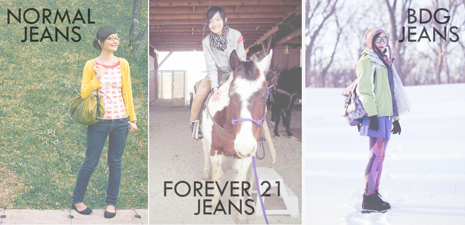 My wardrobe of jeans: Skinny jeans from Japan, Ripped jeans from Forever 21, purple jeans from BDG Urban Outfitters.