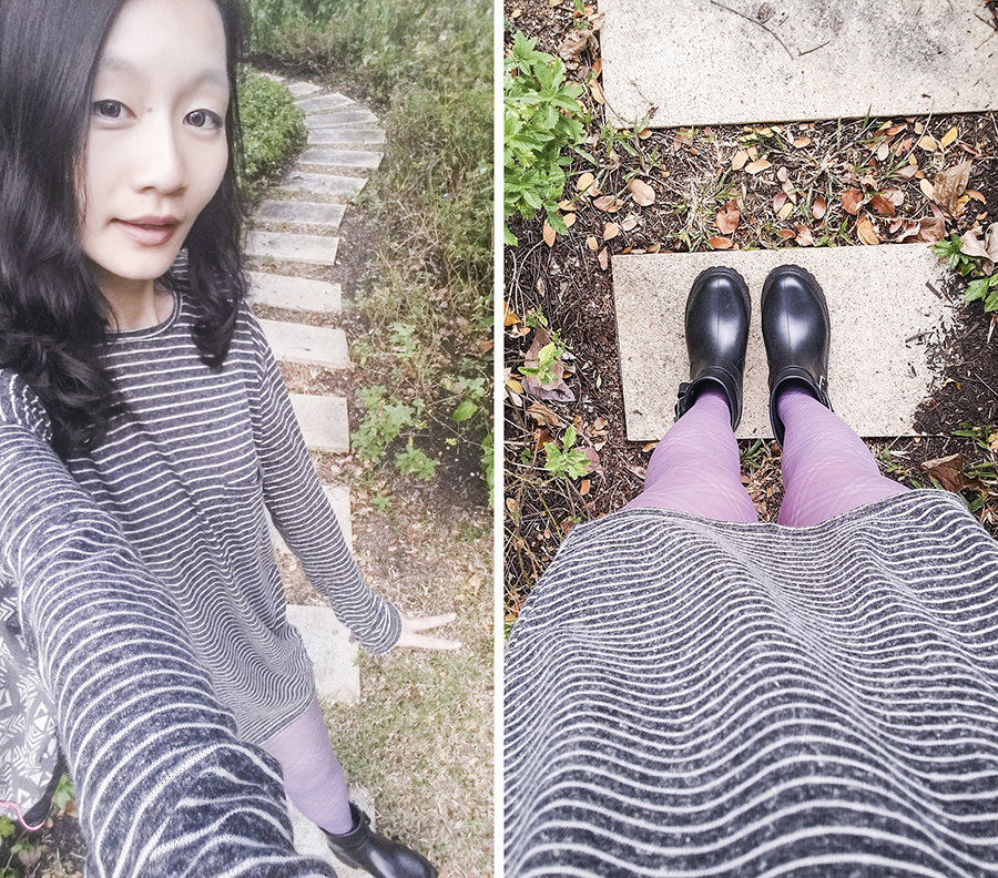 Selfie of striped purple and grey outfit.