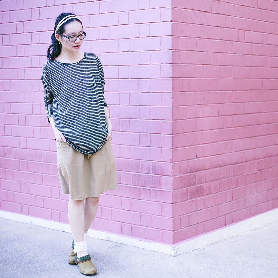 Twisted Sisters eye bracelet from Zalora, lace socks from Tutu-Anna, braided hairband from Forever 21, striped top from Zara, Gap black frame glasses, Merrell olive green clogs.