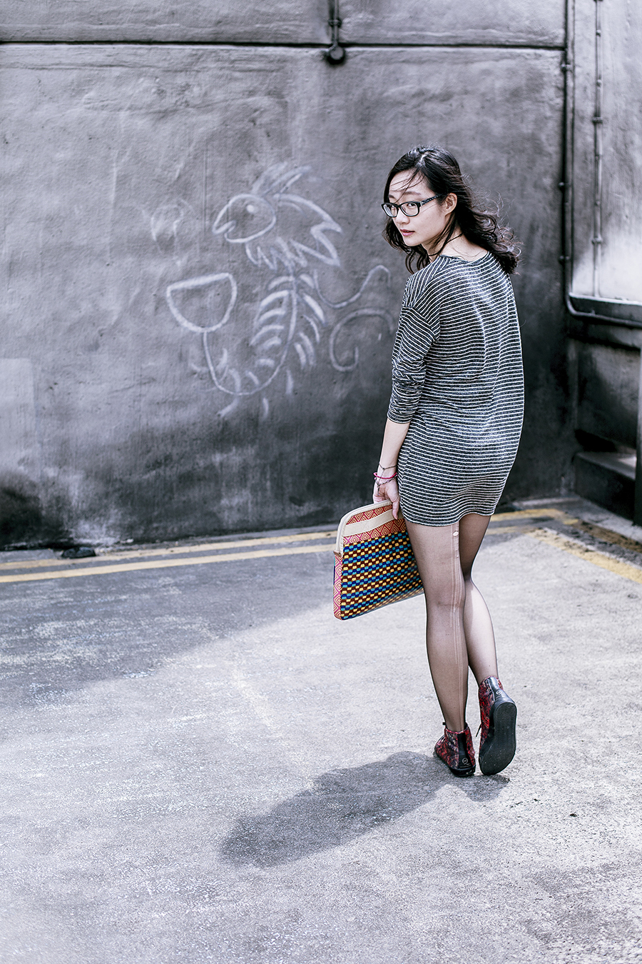 Zara striped tunic, DKNY sheer tights, The Little Fox necklace from Etsy, Fossil tribal design laptop sleeve, Gap black frame glasses, Alexander McQueen x Puma high top sneakers.
