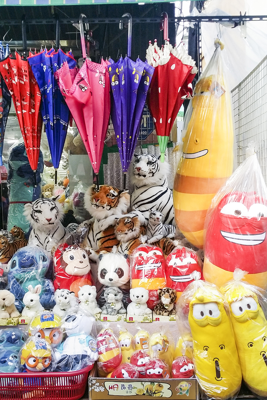 Toys and plushies on display in Dongdaemun market, Seoul, South Korea.