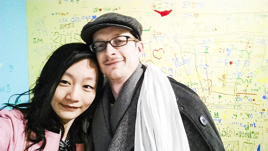 Couple selfie at Seoul Comics Space Zaemirang at Zaemiro Seoul Comics Road, South Korea.