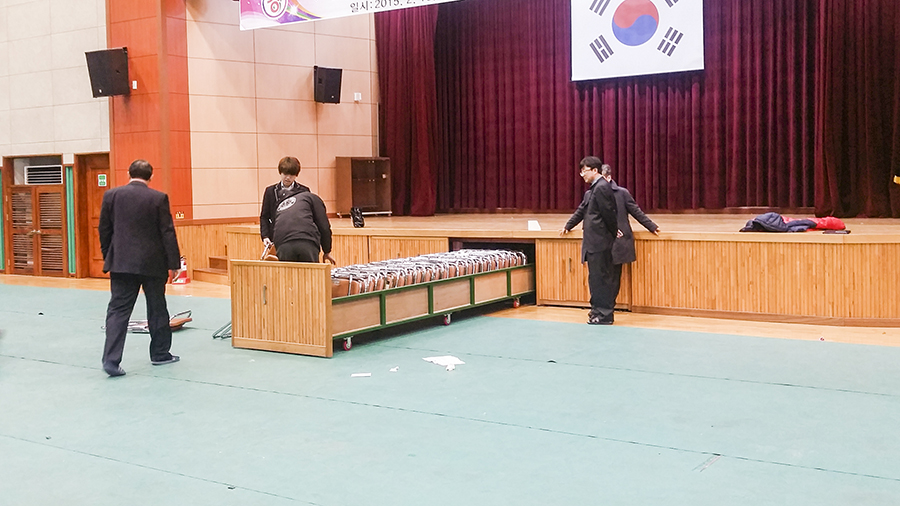 Keeping chairs in the gymnasium in a school in Sangju.