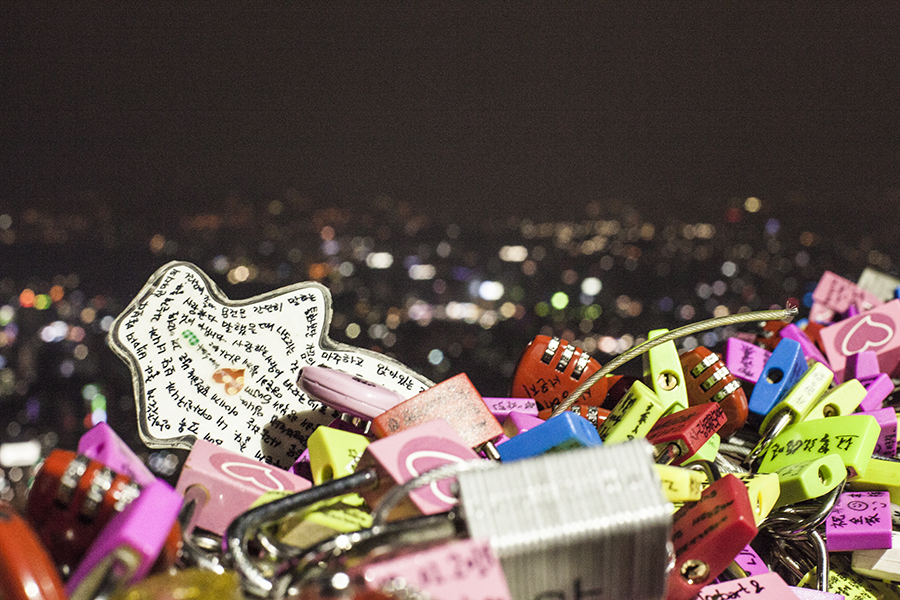Love locks and messages atop Namsan Tower, Seoul, South Korea.