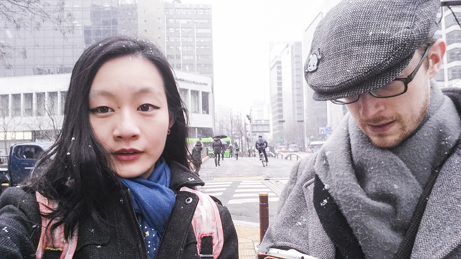 Ren and Ottie on a snowy morning in Seoul, South Korea.