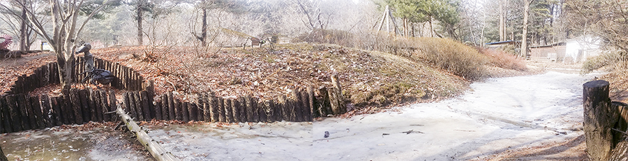 Panoramic photo of a half-frozen stream and insect sculptures at Nami Island, Gapyeong, South Korea.