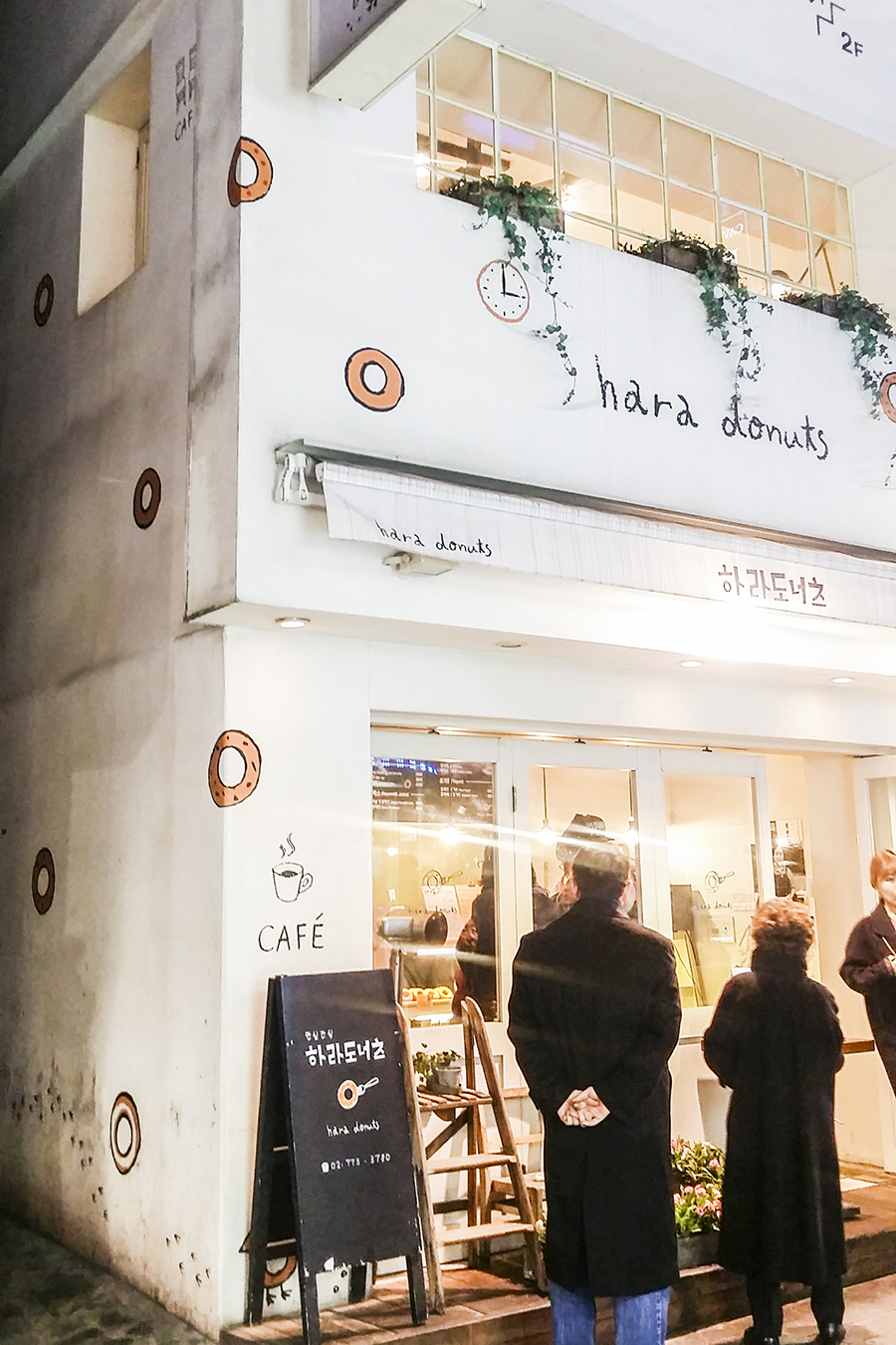 Cute exterior of Hard Donuts, a cafe in Myeongdong, Seoul, South Korea.