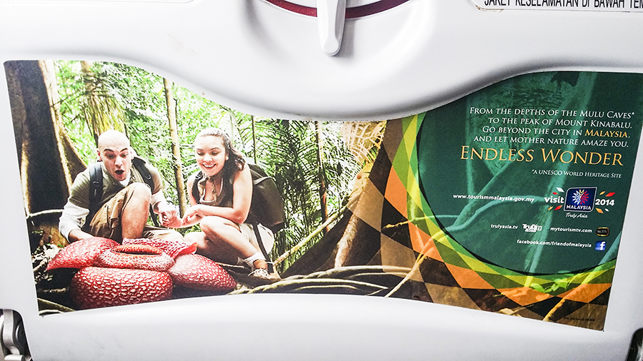 Visit Malaysia ad featuring two caucasians excited over a Rafflesia flower on the backseat of a plane.