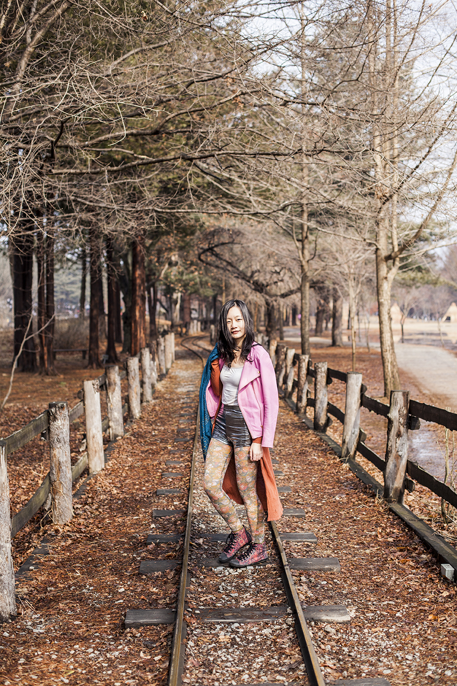 Outfit at Nami Island: Uniqlo grey bratop camisole, Viparo pink lambskin leather jacket with gold zipper, Forever 21 silver party shorts and long rust cardigan, Urban Outfitters floral lace tights, H&M grey men's coat, Marshalls blue shawl with gold studs.