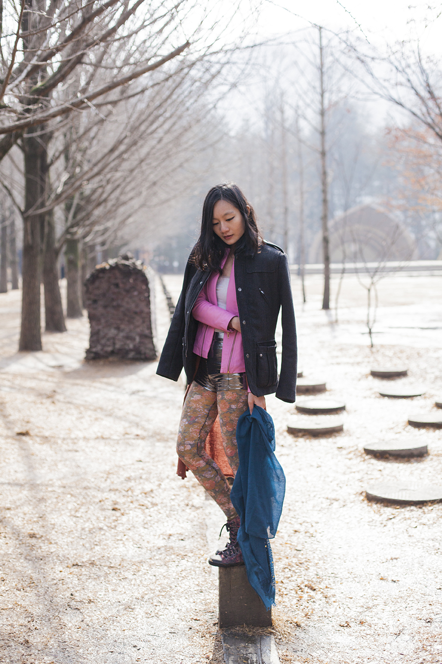 Outfit at Nami Island: Uniqlo grey bratop camisole, Viparo pink lambskin leather jacket with gold zipper, Forever 21 silver party shorts, Urban Outfitters floral lace tights, H&M grey men's coat, Marshalls blue shawl with gold studs.