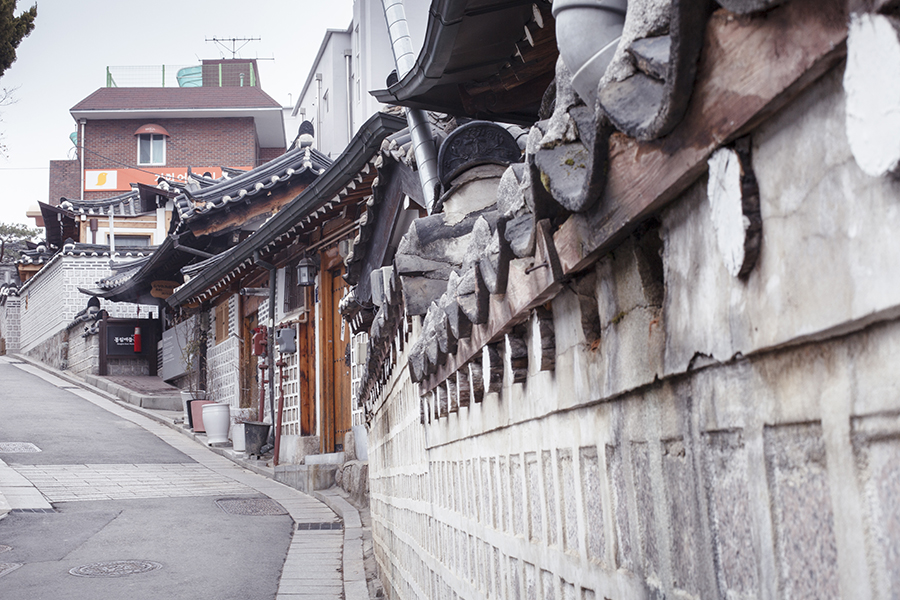 Historical architecture up the slope in Bukchon, South Korea.