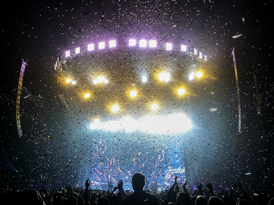 A flurry of confetti bursting from the ceiling for the finale of The Script's performance at the Singapore Indoor Stadium in 2015.