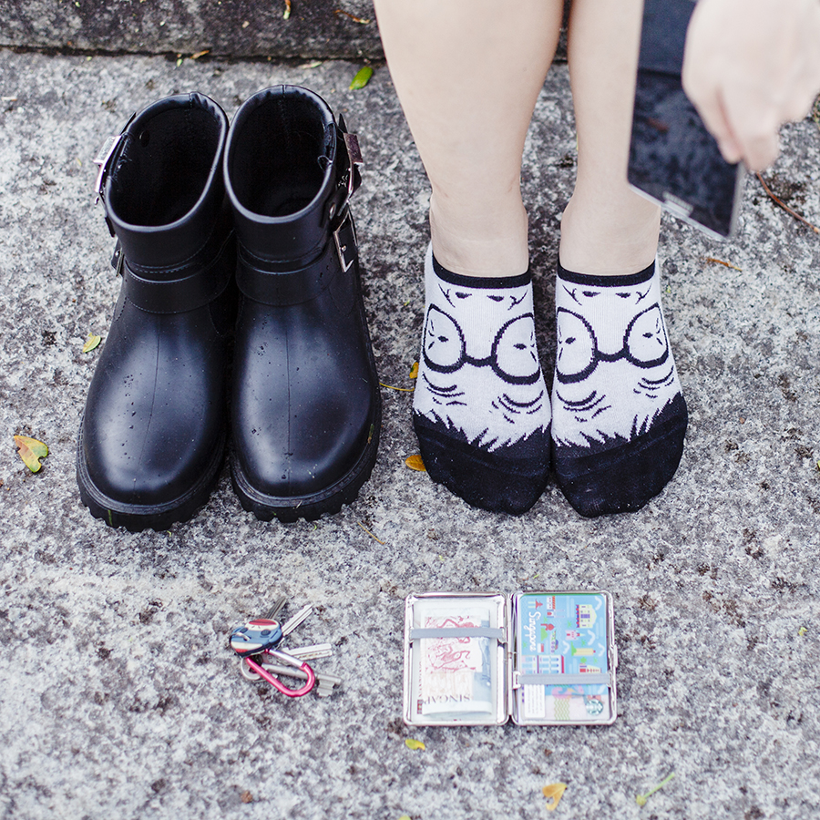 Flatlay: black rain boots from Dav Rain, silver card case from Forever 21,  salaryman face ankle socks from Ggorangnae Korea.