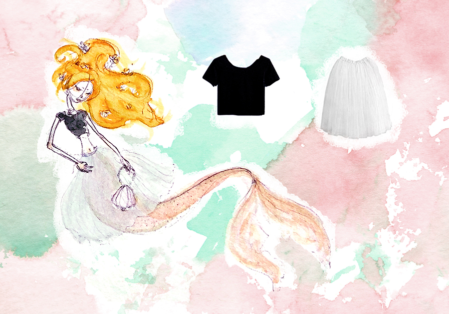 mermaid modeling dresslink crop top and tulle skirt