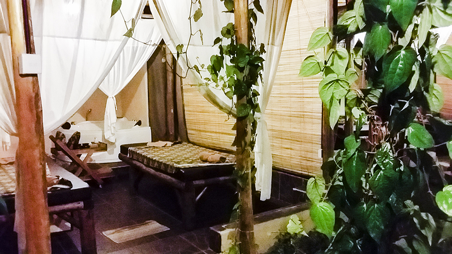 Rooftop massage beds at H'Spa (managed by Tiara Mustika Spa) at Harris Waterfront Resort, Batam, Indonesia.