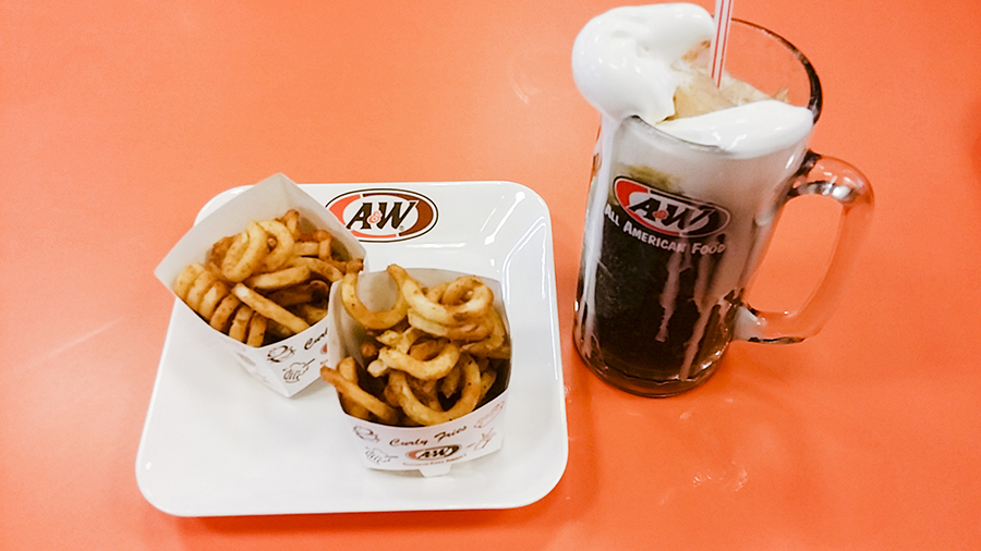 Curly fries and root beer float at A&W in Nagoya Hill Shopping Center, Batam, Indonesia.