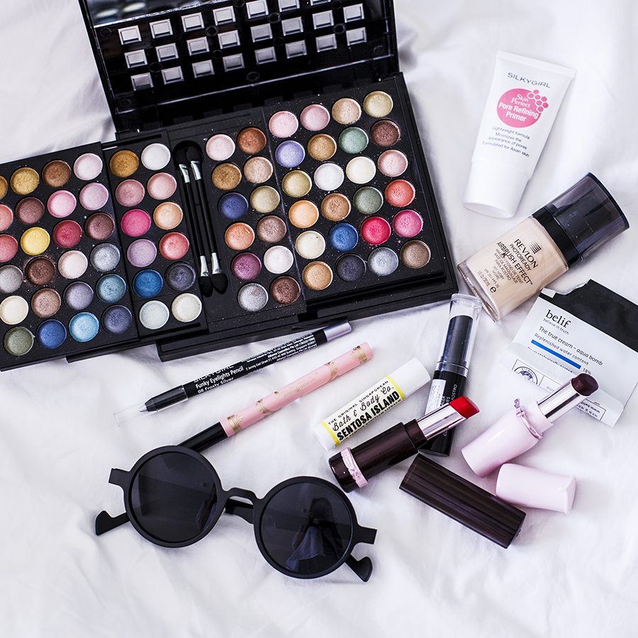 Flatlay of my makeup regime during my holiday to Batam, Indonesia.