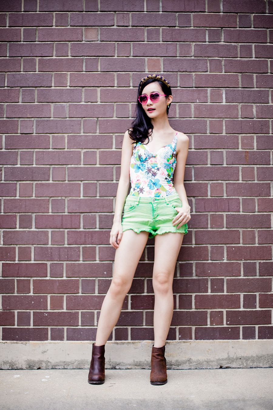 Florals in Green Outfit: Vedette Shapewear Bessie Swimwear Shapewear, Forever 21 lime green denim cutoff shorts, Osewaya mermaid ear studs via JRunway, pink heart-shaped sunglasses, Garlands and Gardens floral headband, Jeffrey Campbell leather heeled boots via Chictopia Shop.