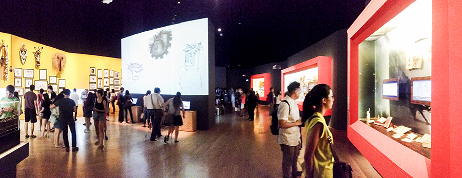 Screens and exhibition displays at the DreamWorks Animation: The Exhibition at the ArtScience Museum in Marina Bay Sands, Singapore.