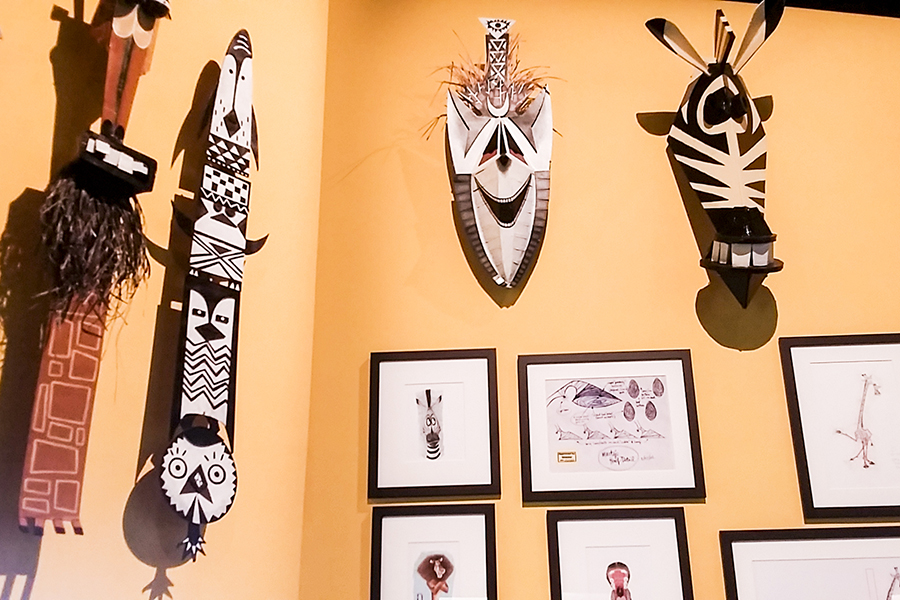Studies of caricature tribal masks for Madagascar at the DreamWorks Animation: The Exhibition at the ArtScience Museum in Marina Bay Sands, Singapore.