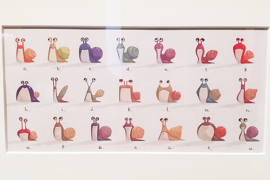 Digital reproduction of Snail Types by Takao Noguchi, Pencil, Watercolour, Digital Paint for Turbo, 2013 at the DreamWorks Animation: The Exhibition at the ArtScience Museum in Marina Bay Sands, Singapore.