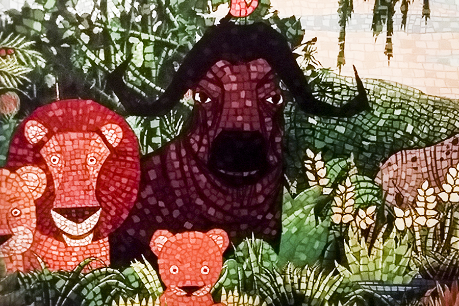 Detail of a mosaic for Madagascar, 2005 at the DreamWorks Animation: The Exhibition at the ArtScience Museum in Marina Bay Sands, Singapore.