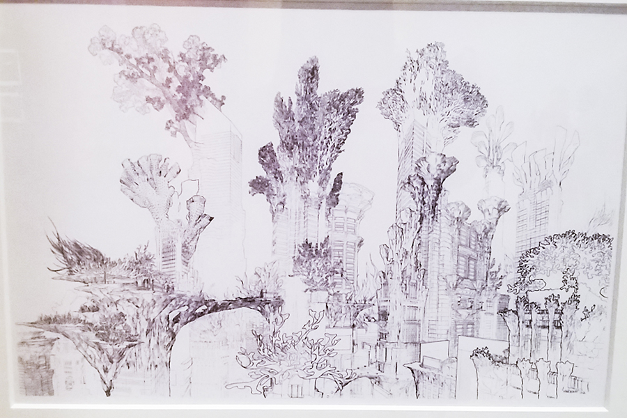 Digital reproduction of Coral City Skyscrapers by Pierre-Olivier Vincent for Shark Tales, 2004. Graphite at the DreamWorks Animation: The Exhibition at the ArtScience Museum in Marina Bay Sands, Singapore..